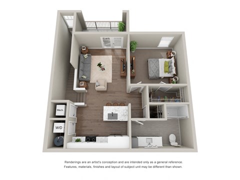 Floor plan for 1 bed, 1 bath, 852 sqft